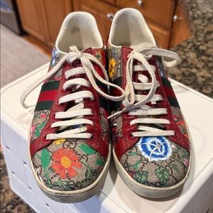 Gucci Floral GG Canvas Sneakers with Red Leather & Green Web